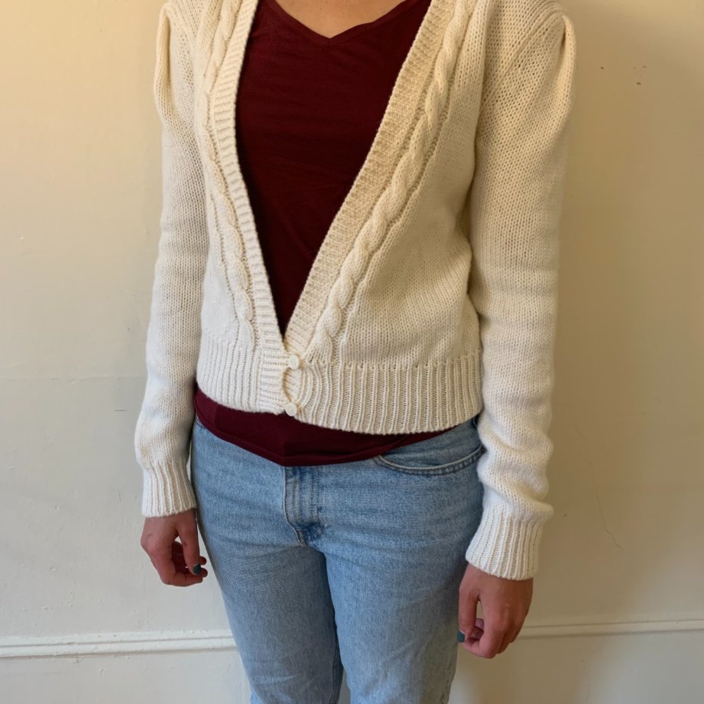 Vintage Villager Cream Chunky Wool Puff-Shoulder Cardigan w/Cable Knit detail